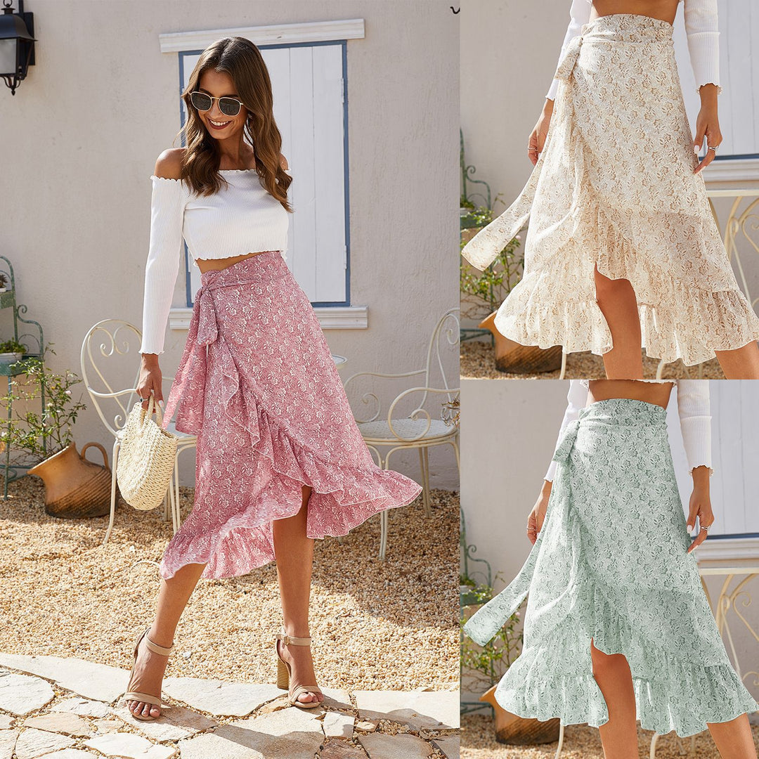 Woman Skirts High Waist Fashion Long Black Knotted Tied Wrap Floral Ruffle Chiffon A - Line Split Skirt Spring Summer Clothes - Glow Goddess