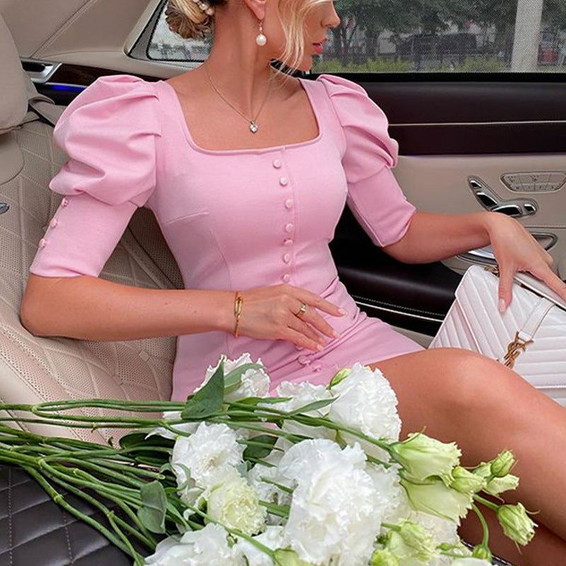 Woman Square - neck Bubble Sleeve Temperament Dress - Glow Goddess