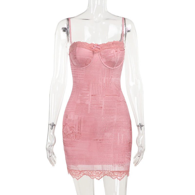 Woman Square - neck Lace Stitching Printing Long Sleeve Dress - Glow Goddess