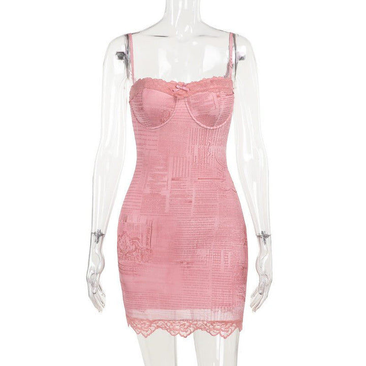 Woman Square - neck Lace Stitching Printing Long Sleeve Dress - Glow Goddess