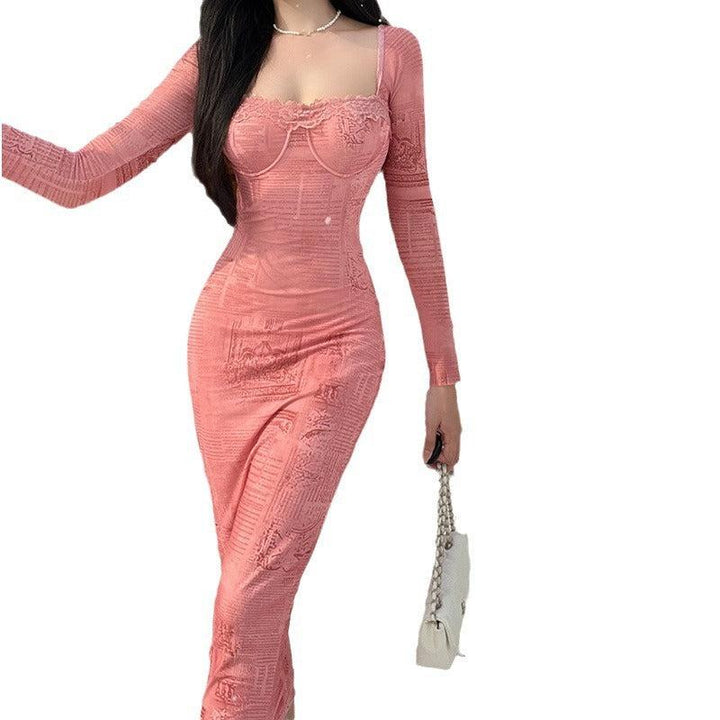 Woman Square - neck Lace Stitching Printing Long Sleeve Dress - Glow Goddess