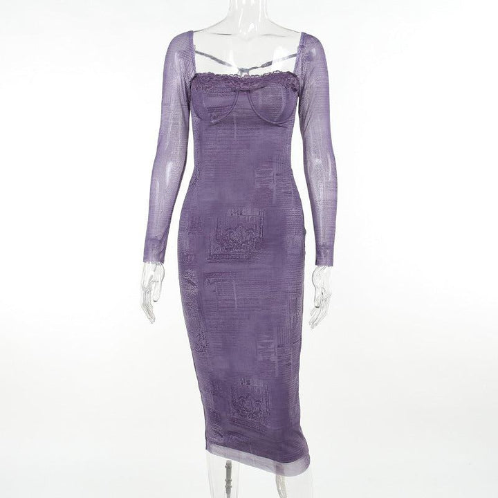 Woman Square - neck Lace Stitching Printing Long Sleeve Dress - Glow Goddess