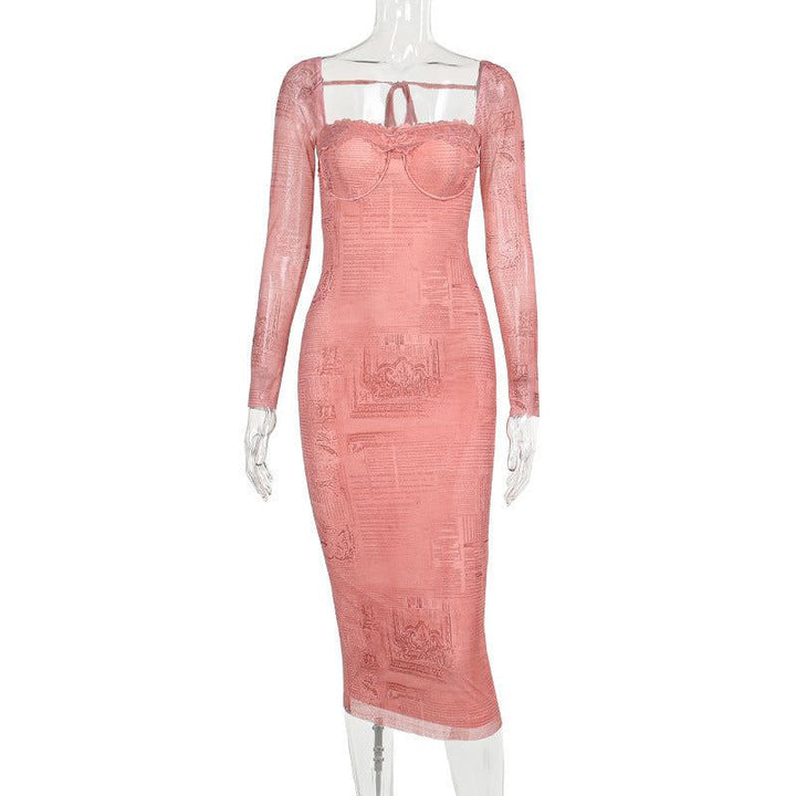 Woman Square - neck Lace Stitching Printing Long Sleeve Dress - Glow Goddess