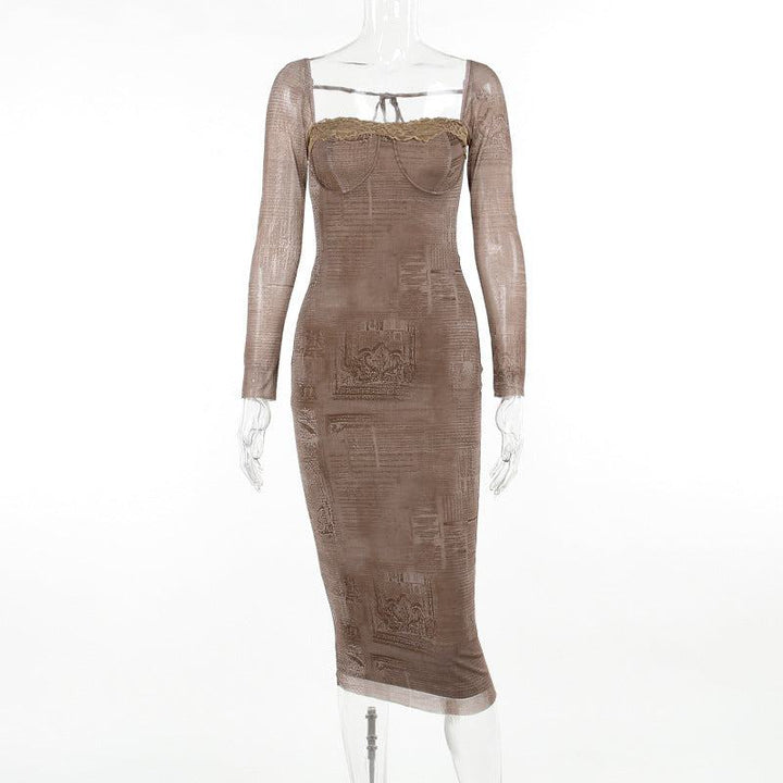 Woman Square - neck Lace Stitching Printing Long Sleeve Dress - Glow Goddess