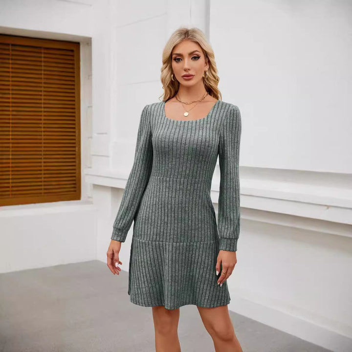 Woman Square - neck Lantern Sleeve Pocket Long Sleeve Dress - Glow Goddess