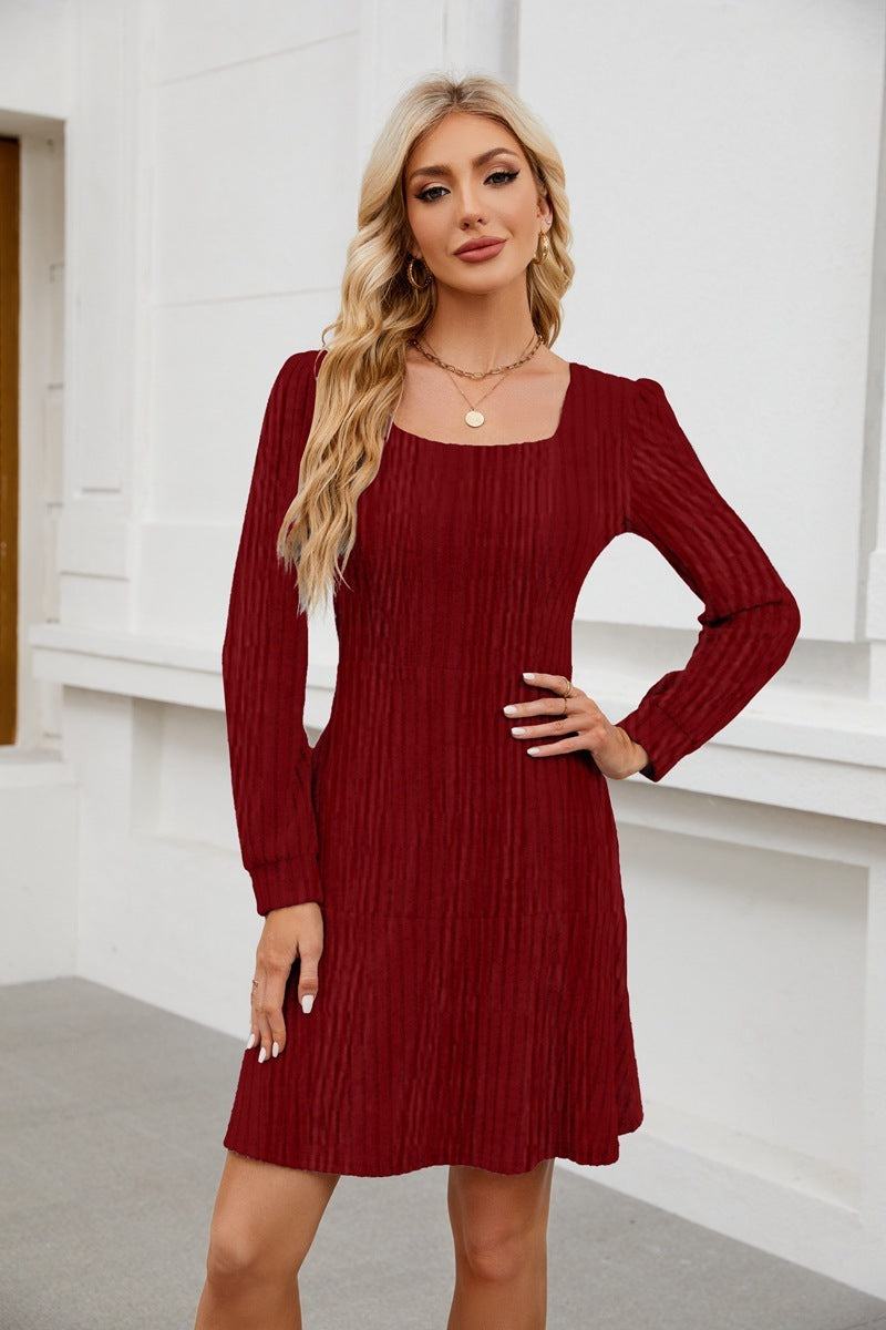 Woman Square - neck Lantern Sleeve Pocket Long Sleeve Dress - Glow Goddess