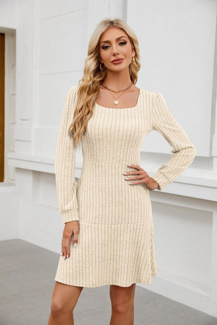 Woman Square - neck Lantern Sleeve Pocket Long Sleeve Dress - Glow Goddess