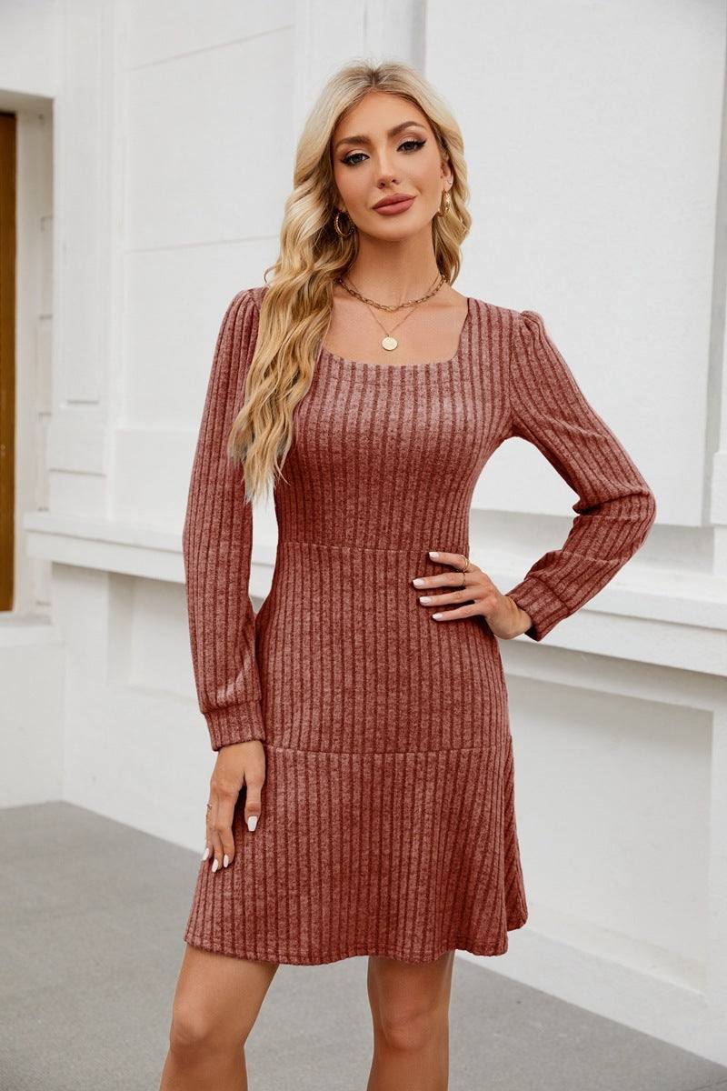 Woman Square - neck Lantern Sleeve Pocket Long Sleeve Dress - Glow Goddess