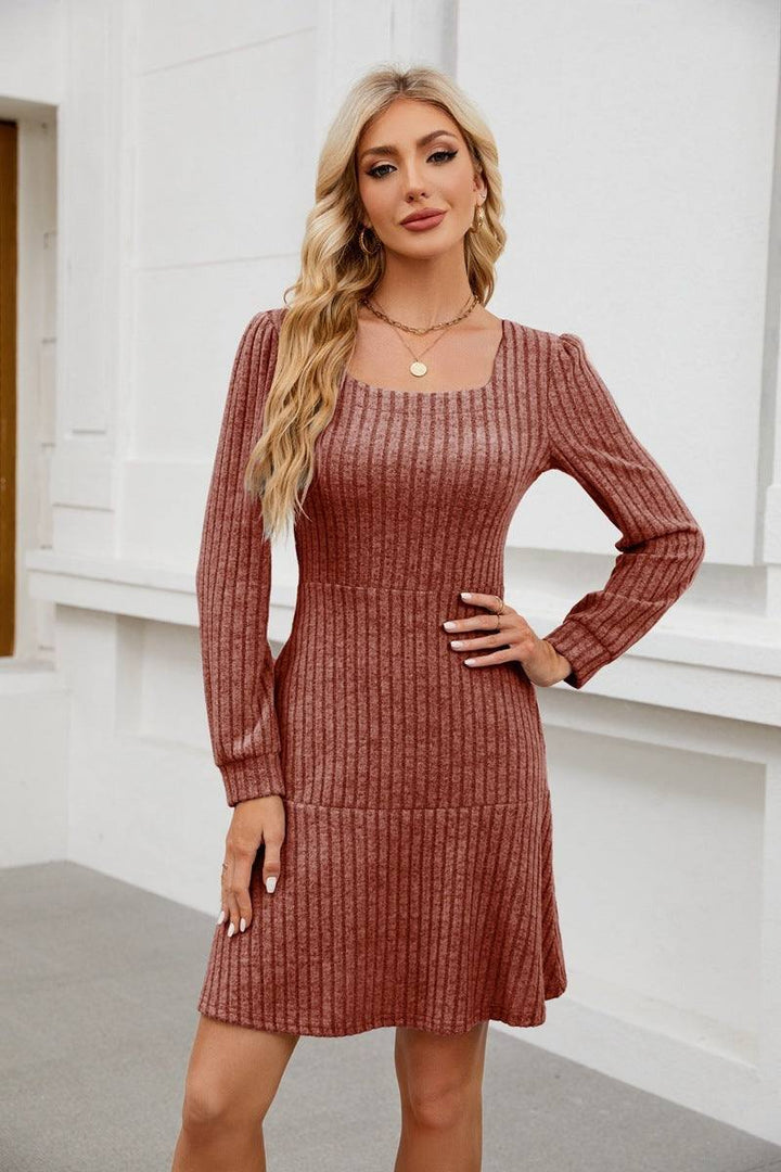 Woman Square - neck Lantern Sleeve Pocket Long Sleeve Dress - Glow Goddess