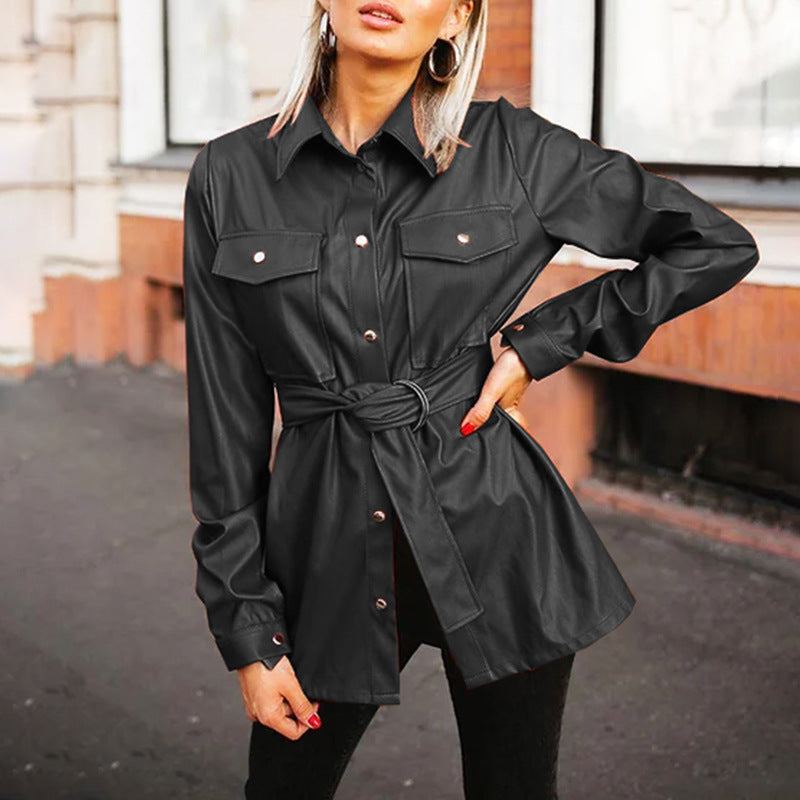 Woman with a leather shirt with lapel collar - Glow Goddess