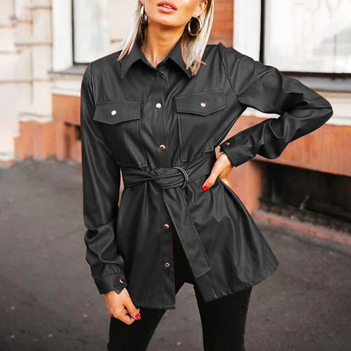 Woman with a leather shirt with lapel collar - Glow Goddess