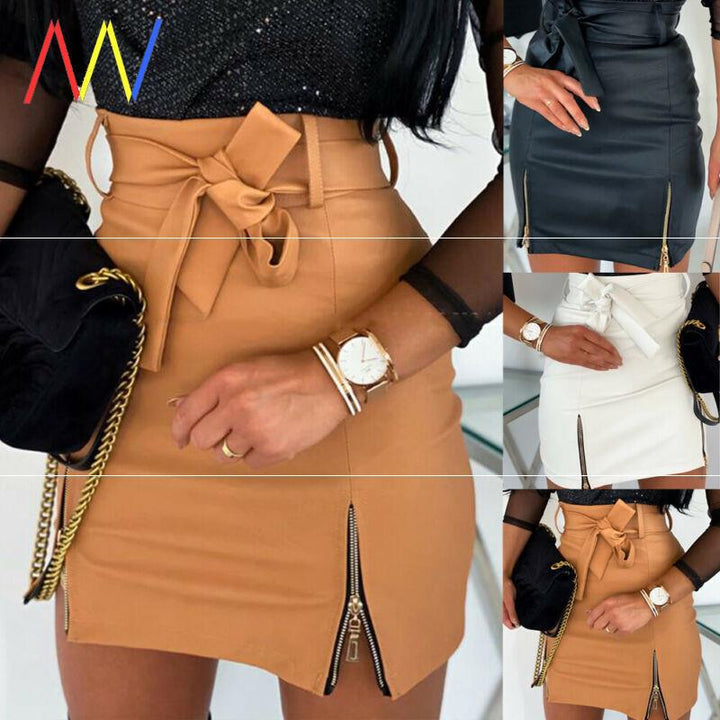 Women Bandage PU Leather Skirt Ladies Short Mini Skirts - Glow Goddess