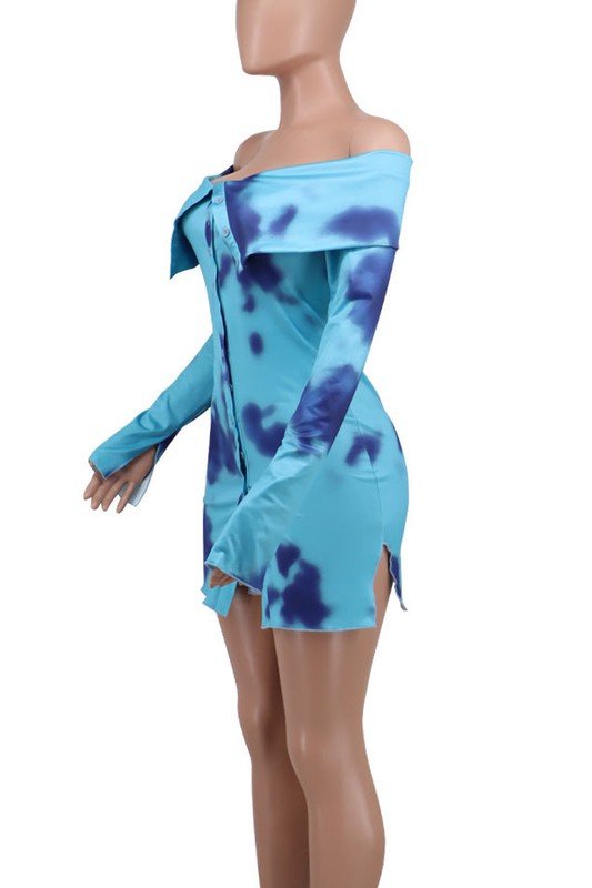 Off shoulder summer dress with long sleeves, front buttons, and bodycon fit