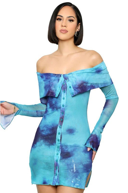 Off shoulder summer dress with long sleeves, front buttons, and bodycon fit