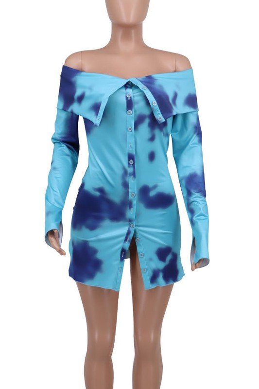 Off shoulder summer dress with long sleeves, front buttons, and bodycon fit