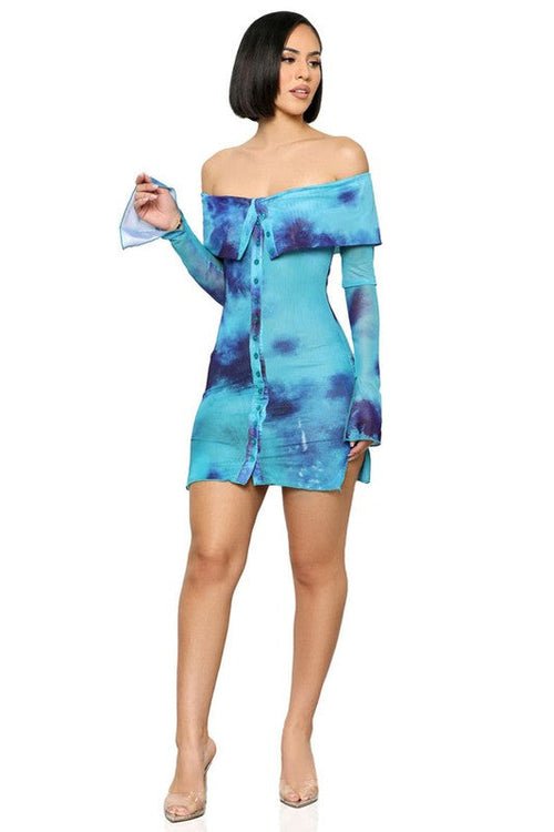 Off shoulder summer dress with long sleeves, front buttons, and bodycon fit
