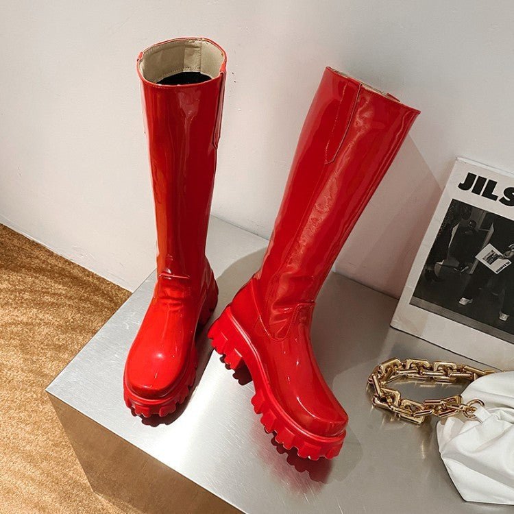 Women Knee High Boots Wedges High Heels Platform Lace Up Plush Inside Warm Fur - Glow Goddess