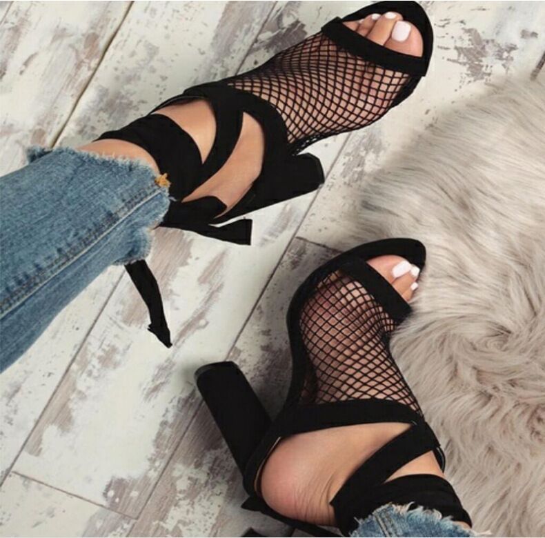 Women Sandals Bandage Flock Cross Strap Lace Up High Heels Sandal - Glow Goddess