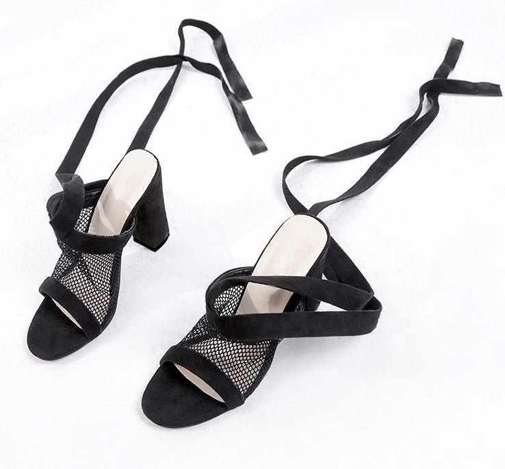 Women Sandals Bandage Flock Cross Strap Lace Up High Heels Sandal - Glow Goddess