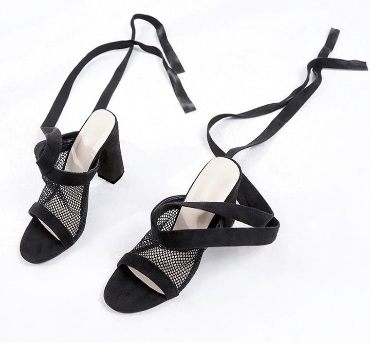 Women Sandals Bandage Flock Cross Strap Lace Up High Heels Sandal - Glow Goddess