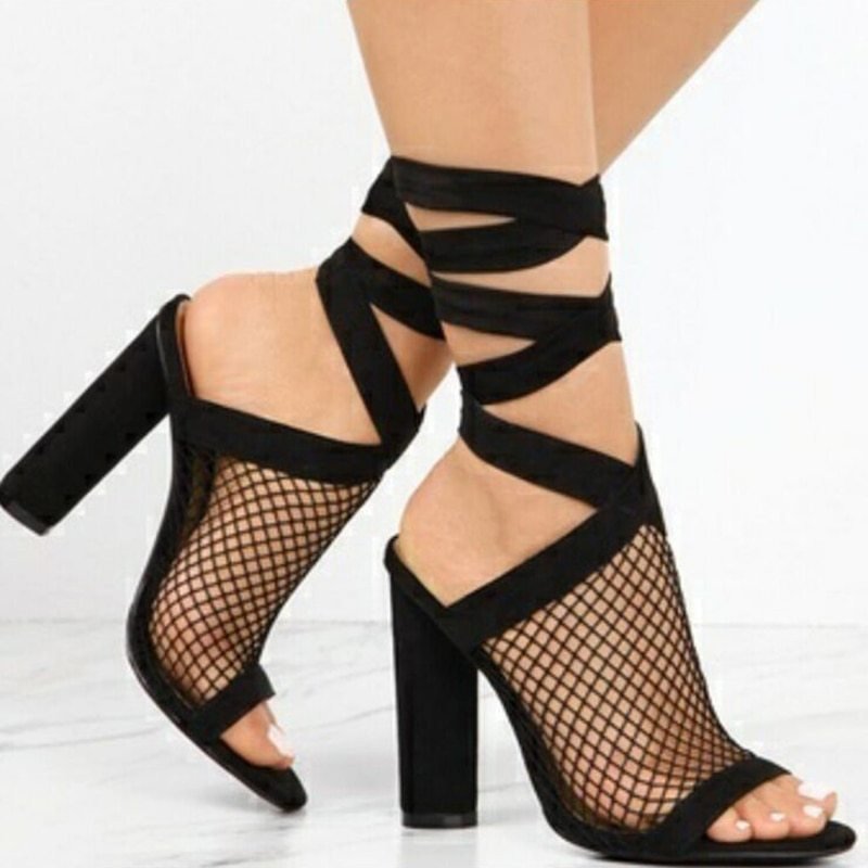 Women Sandals Bandage Flock Cross Strap Lace Up High Heels Sandal - Glow Goddess