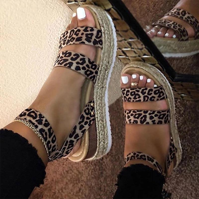 Leopard Platform Sandals with retro hemp design, flat platform sole, buckle strap, and rubber outsole for summer wear