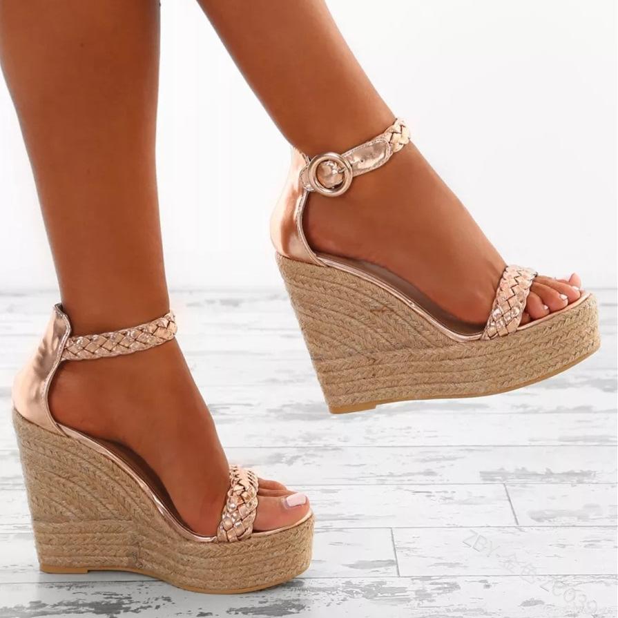 Women Wedge Straw Sandals – Open Toe Gold & White Platform - Glow Goddess