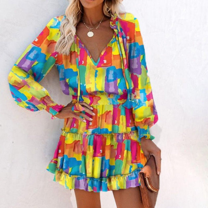 Women's Bohemian Print V - Neck Long Sleeve Dress - Flowy Beach Dress With Elastic Waist - Glow Goddess