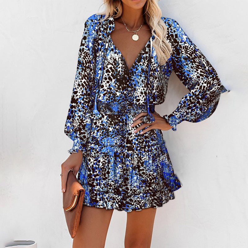 Women's Bohemian Print V - Neck Long Sleeve Dress - Flowy Beach Dress With Elastic Waist - Glow Goddess