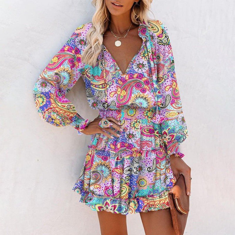 Women's Bohemian Print V - Neck Long Sleeve Dress - Flowy Beach Dress With Elastic Waist - Glow Goddess