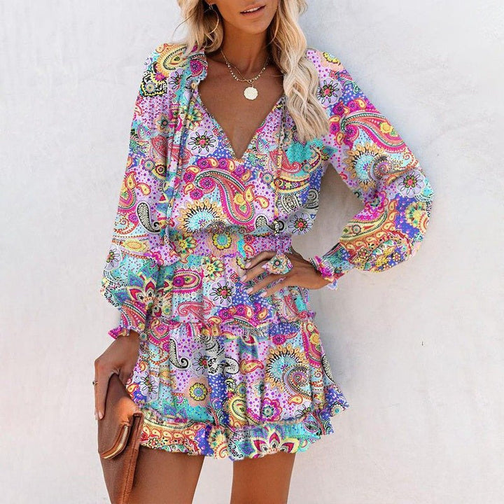 Women's Bohemian Print V - Neck Long Sleeve Dress - Flowy Beach Dress With Elastic Waist - Glow Goddess