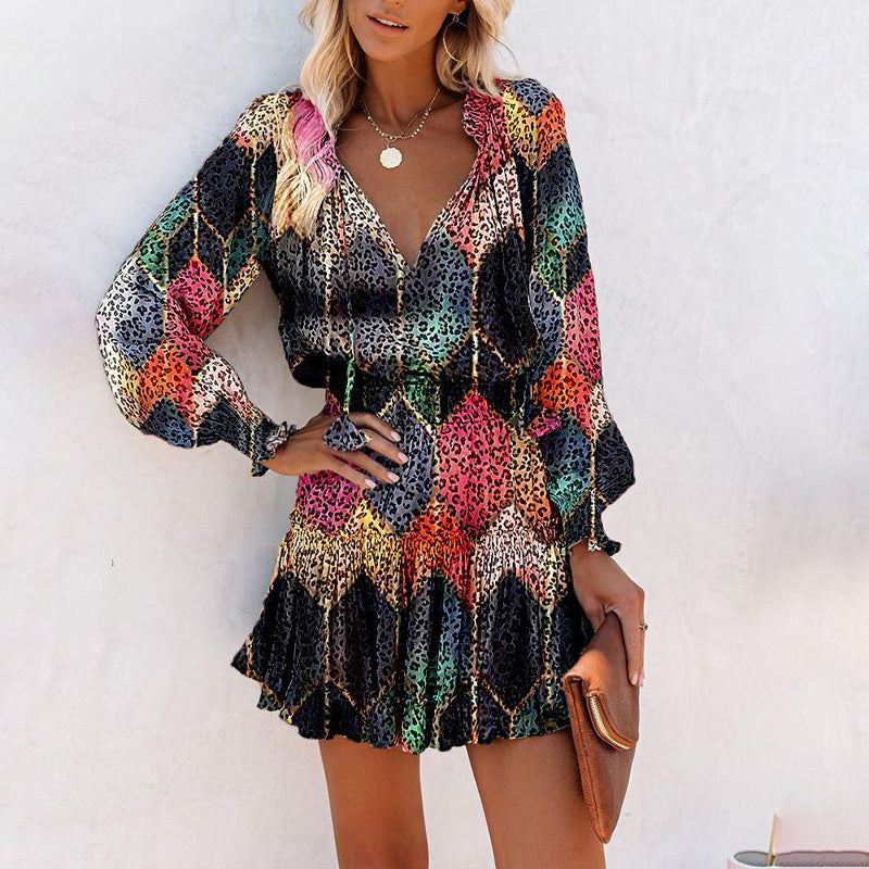 Women's Bohemian Print V - Neck Long Sleeve Dress - Flowy Beach Dress With Elastic Waist - Glow Goddess