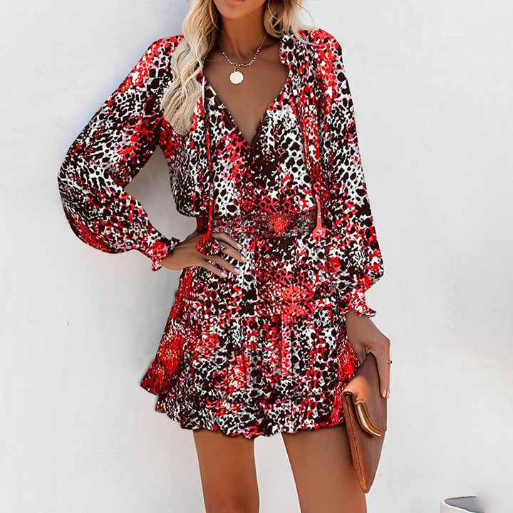 Women's Bohemian Print V - Neck Long Sleeve Dress - Flowy Beach Dress With Elastic Waist - Glow Goddess