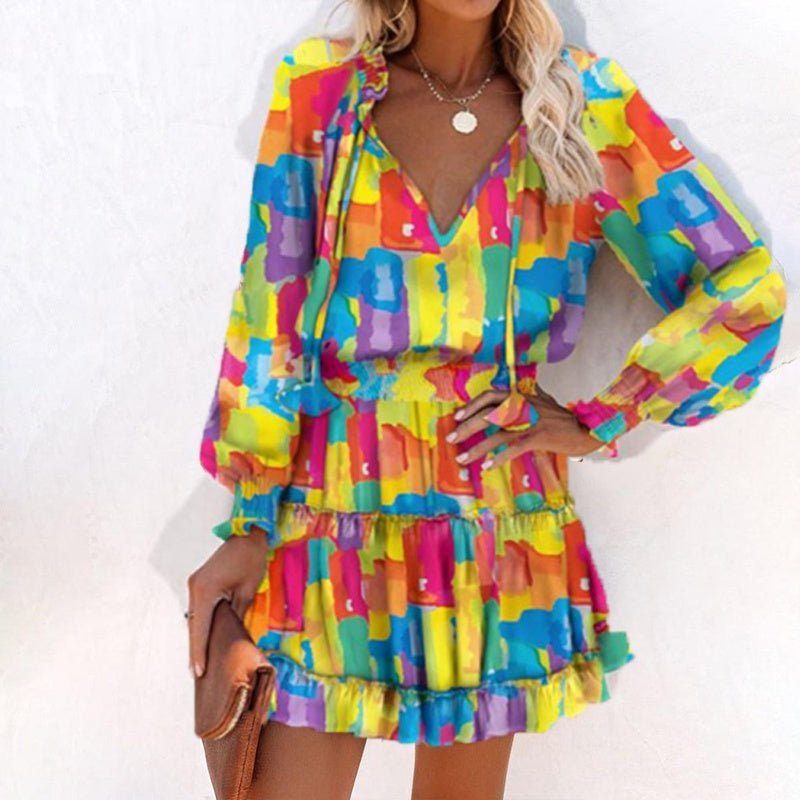 Women's Bohemian Print V - Neck Long Sleeve Dress - Flowy Beach Dress With Elastic Waist - Glow Goddess