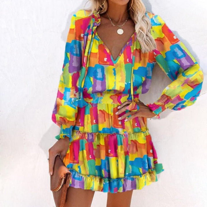 Women's Bohemian Print V - Neck Long Sleeve Dress - Flowy Beach Dress With Elastic Waist - Glow Goddess