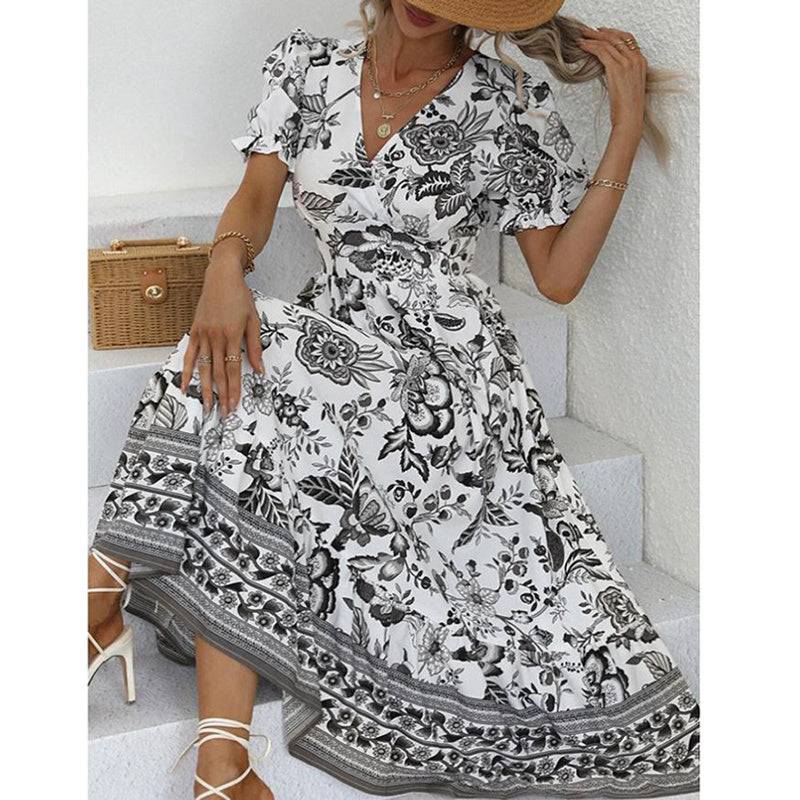 Women’s boho floral maxi dress with V-neck, smocked back, puff sleeves, and flowy silhouette for summer events