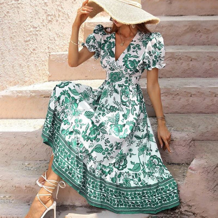 Women’s boho floral maxi dress with V-neck, smocked back, puff sleeves, and flowy silhouette for summer events