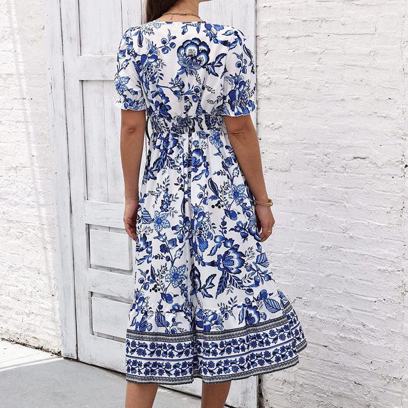 Women’s boho floral maxi dress with V-neck, smocked back, puff sleeves, and flowy silhouette for summer events