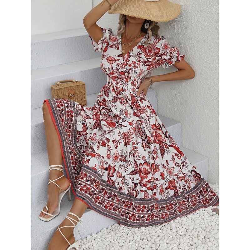 Women’s boho floral maxi dress with V-neck, smocked back, puff sleeves, and flowy silhouette for summer events
