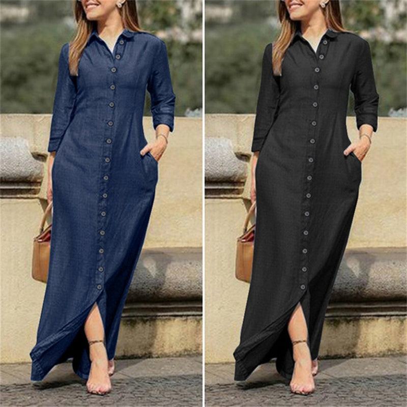 Women's Casual Denim Maxi Dress – Long Sleeve Button - Down Jean Dress with Pockets - Glow Goddess