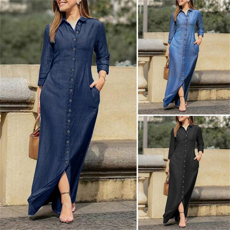 Women's Casual Denim Maxi Dress – Long Sleeve Button - Down Jean Dress with Pockets - Glow Goddess