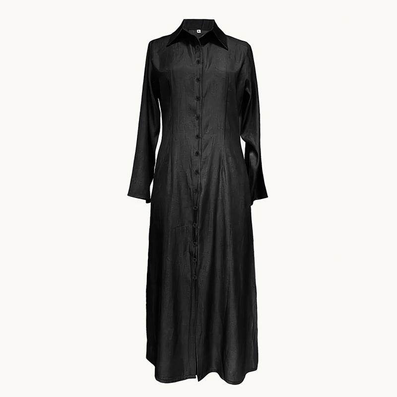 Women's Casual Denim Maxi Dress – Long Sleeve Button - Down Jean Dress with Pockets - Glow Goddess