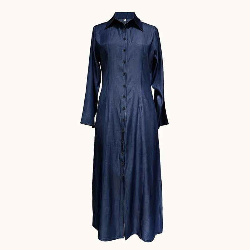 Women's Casual Denim Maxi Dress – Long Sleeve Button - Down Jean Dress with Pockets - Glow Goddess