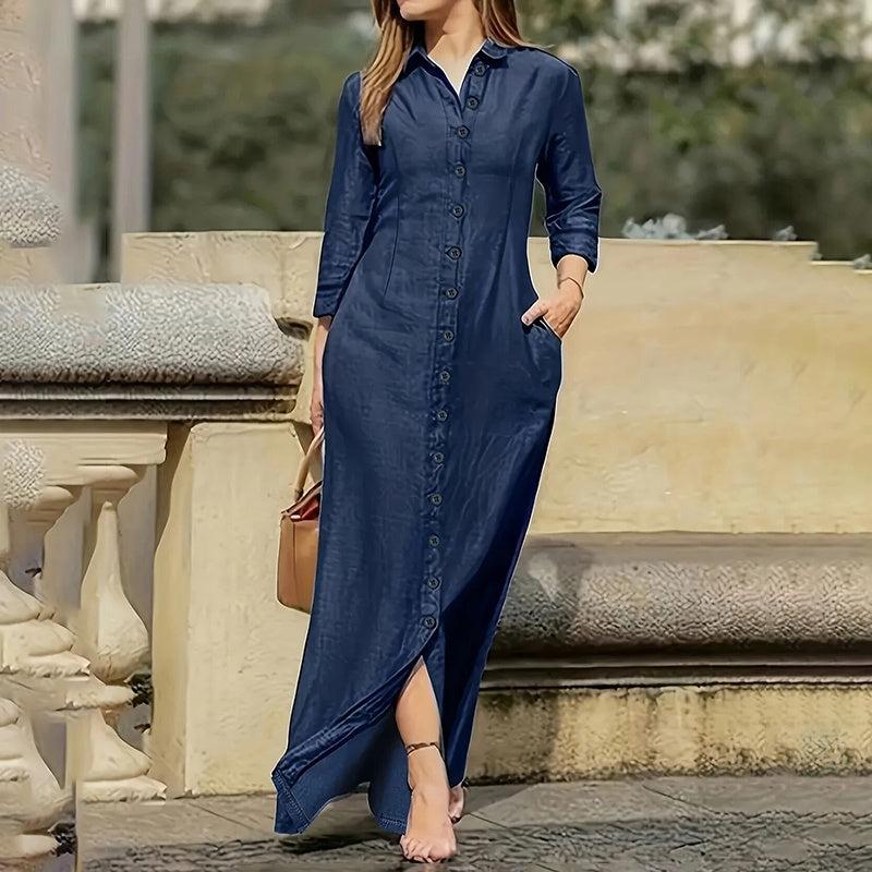 Women's Casual Denim Maxi Dress – Long Sleeve Button - Down Jean Dress with Pockets - Glow Goddess