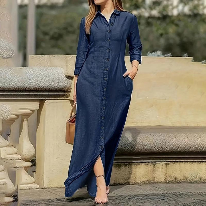 Women's Casual Denim Maxi Dress – Long Sleeve Button - Down Jean Dress with Pockets - Glow Goddess
