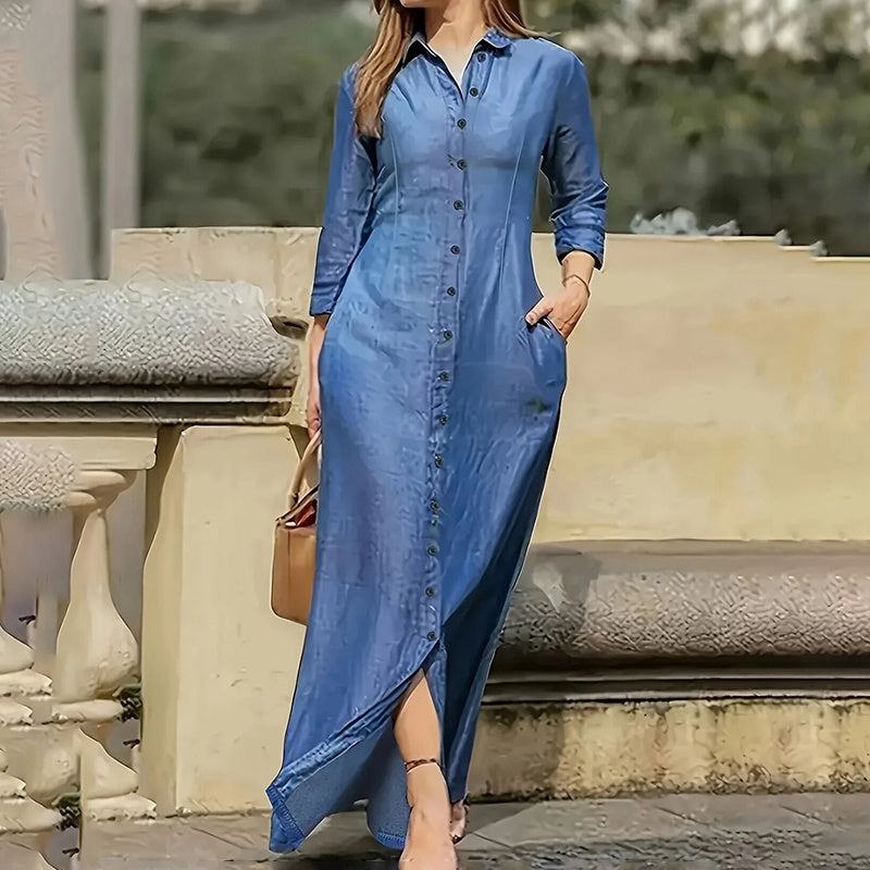 Women's Casual Denim Maxi Dress – Long Sleeve Button - Down Jean Dress with Pockets - Glow Goddess