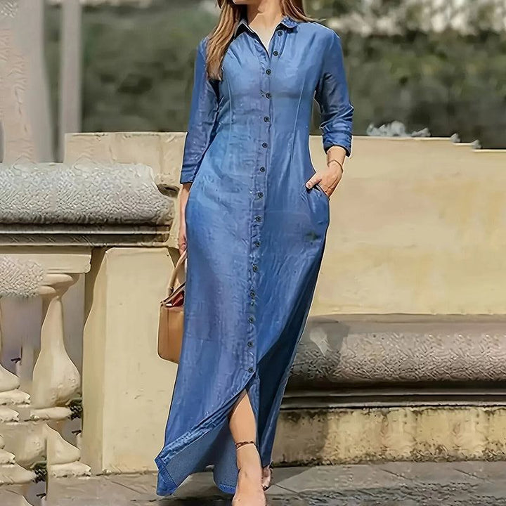 Women's Casual Denim Maxi Dress – Long Sleeve Button - Down Jean Dress with Pockets - Glow Goddess