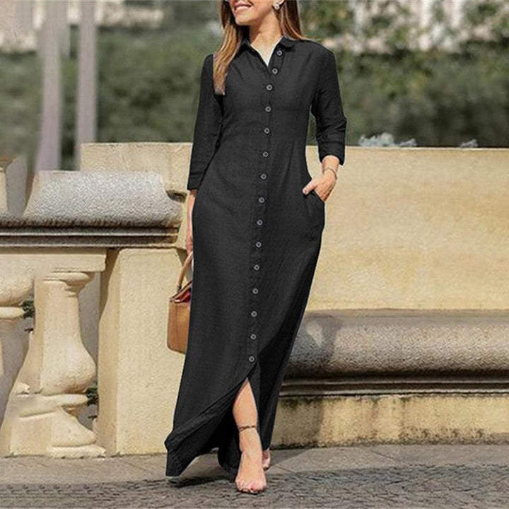Women's Casual Denim Maxi Dress – Long Sleeve Button - Down Jean Dress with Pockets - Glow Goddess