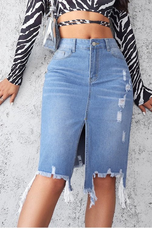 Women’s Denim Mini Skirt with Front Vent & Five - Pocket Style - Glow Goddess