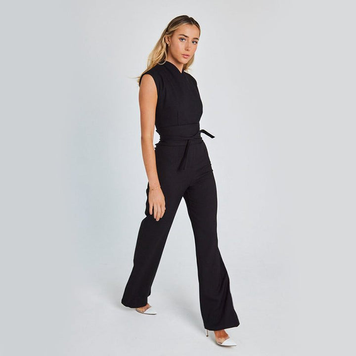 Women’s sleeveless wide leg jumpsuit with V-neck and high waist in summer casual chic style